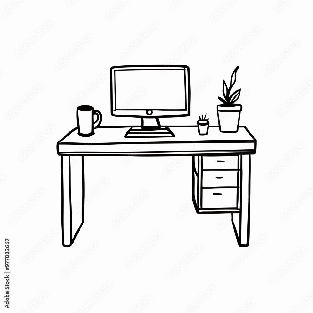 Line art home office desk with computer, plant, and coffee mug, minimalist style, black and white illustration Line art home office desk with computer, plant, and coffee mug, minimalist style, black and white illustration