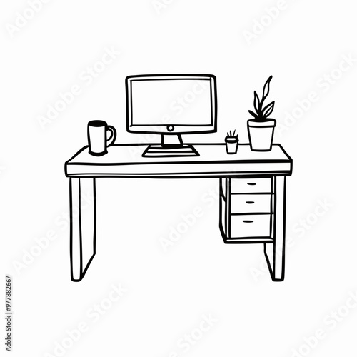 Line art home office desk with computer, plant, and coffee mug, minimalist style, black and white illustration