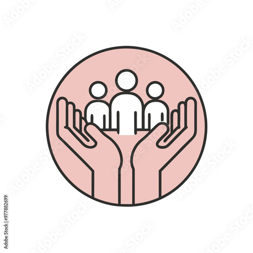 Group of people being supported by hands in a circle on a pink background for copy space
