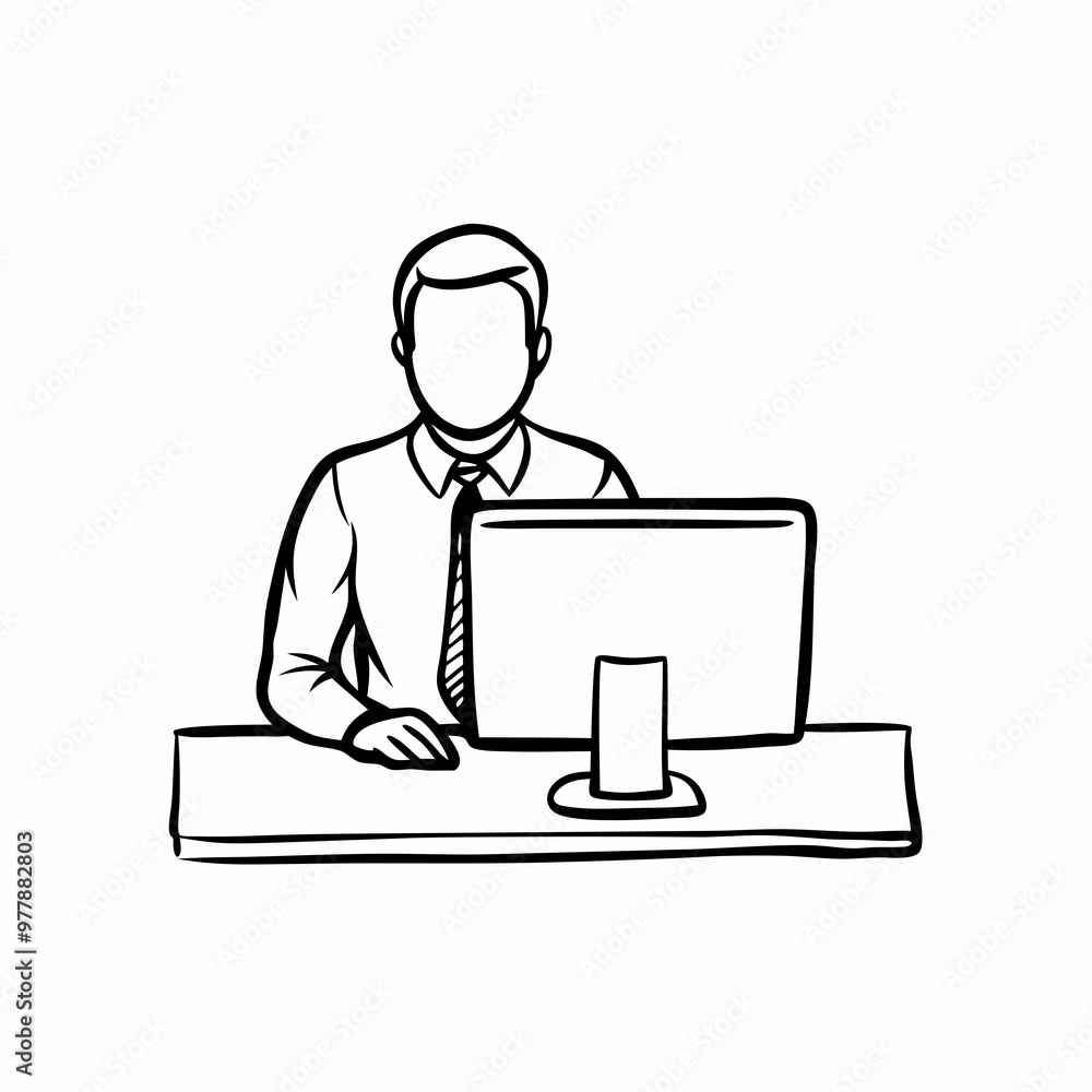 Businessman working at the desk with a computer in a simple and minimalistic design. Businessman working at the desk with a computer in a simple and minimalistic design.