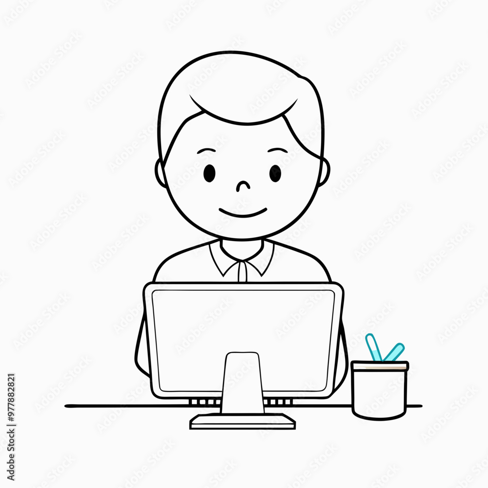 Smiling boy with a cheerful expression working on a computer in a bright office setting. Smiling boy with a cheerful expression working on a computer in a bright office setting.