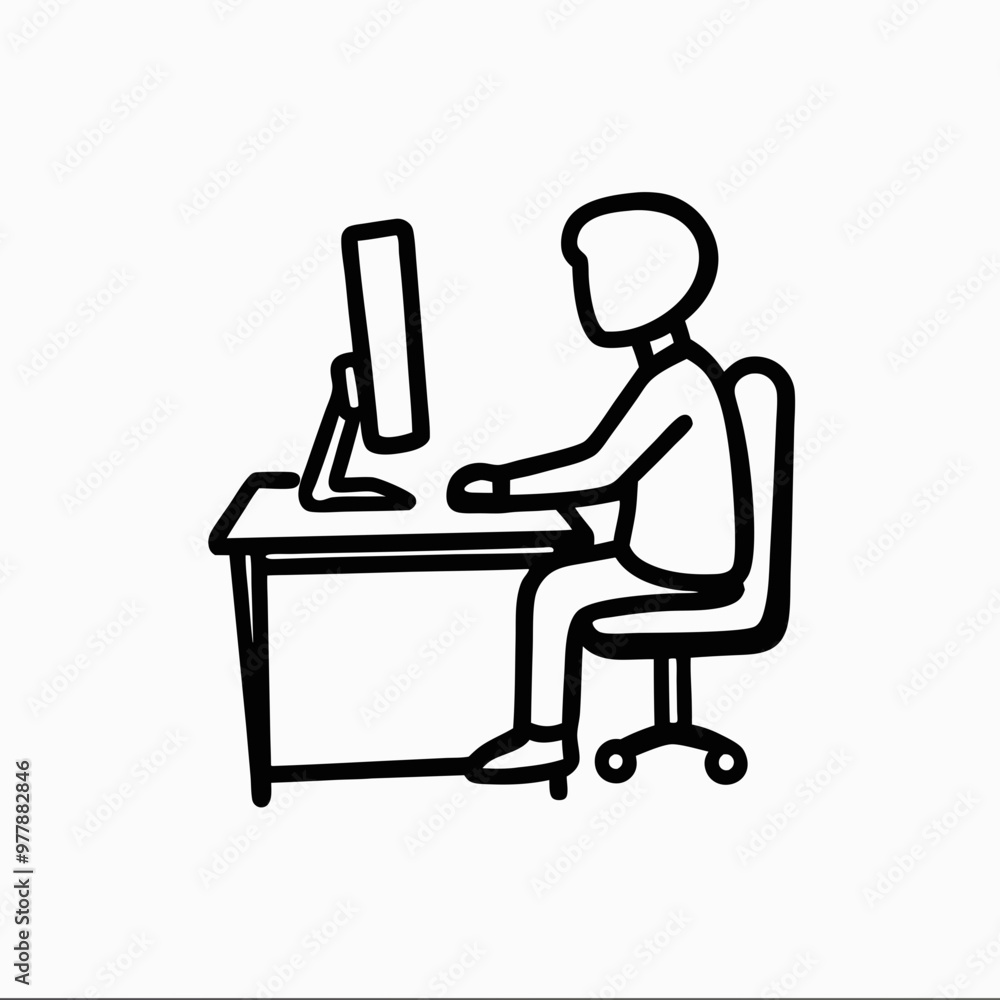 Line art illustration of a person working at a desk with a computer, minimalist style, black and white
Line art illustration of a person working at a desk with a computer, minimalist style, black and white