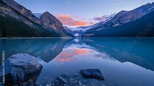 A mountain range reflected perfectly in the mirror-like surface of a calm glacial lake at dawn. photo