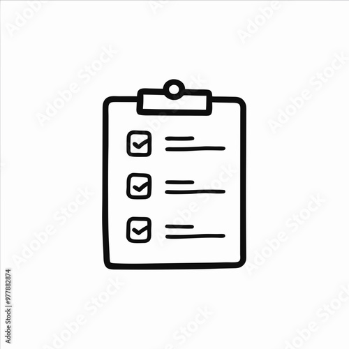 Simple clipboard with checklist, black line art, minimalistic design, copy space