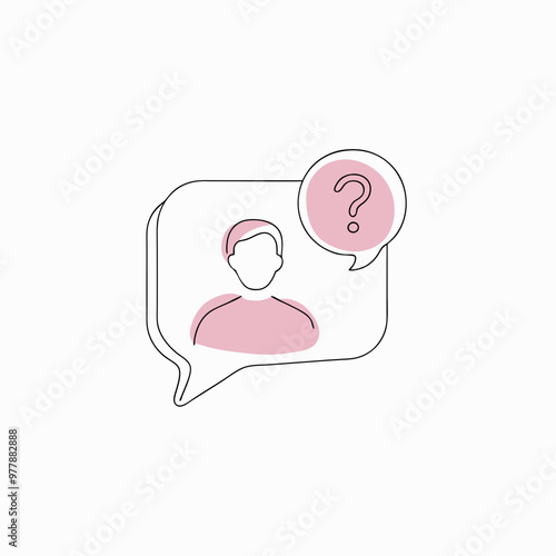 Line art customer support agent in speech bubble with question mark, minimalist style, pastel colors
