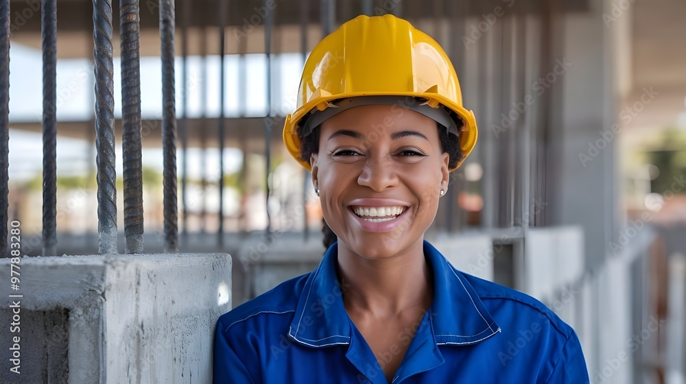 A female construction builder with a yellow hardhat. She is a Black African woman with a broad smile and is wearing a blue uniform. A female construction builder with a yellow hardhat. She is a Black African woman with a broad smile and is wearing a blue uniform.