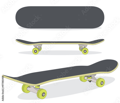 skateboarding, skateboard in 3 different views isolated on a white background