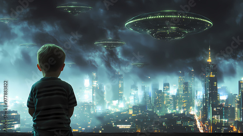 A little boy looks at the alien invasion of the city. ufo in the sky over the city. ai generation. Extraterrestrial Invasion. Illustration