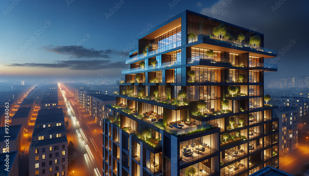 Eco-friendly architecture with lit apartments against twilight sky. Eco-friendly architecture with lit apartments against twilight sky.