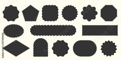 Black silhouette Label shapes collection. Empty Wavy Scallop edge Geometric shape set. Abstract Starburst ellipse Frame icon Text Box. Simple Blank Tag Stamp mark Badge. Element for design