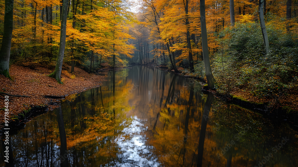 Obraz premium A peaceful river meandering through a dense autumn forest with colorful leaves reflecting in the water.