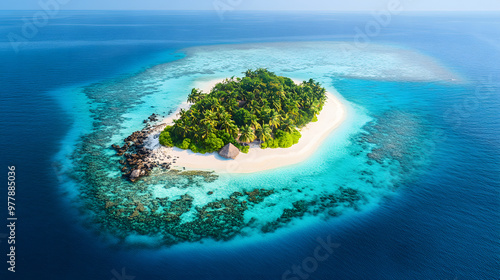 A picturesque island with white sandy beaches and crystal-clear blue waters surrounded by coral reefs. photo