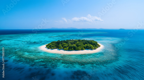 A picturesque island with white sandy beaches and crystal-clear blue waters surrounded by coral reefs. photo