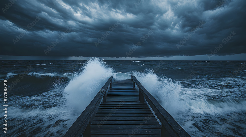 Obraz premium A pier stretching into a stormy ocean with waves crashing against its supports and the sky thick with dark swirling clouds.