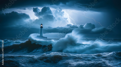 A powerful storm rolling across the open ocean with towering waves crashing against a distant lighthouse and lightning splitting the sky. photo