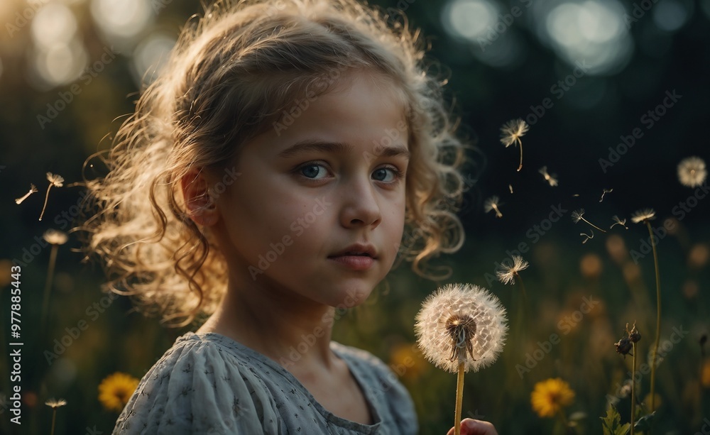 Little girl with curly hair holding a dandelion in a meadow, contemplative mood during sunset Little girl with curly hair holding a dandelion in a meadow, contemplative mood during sunset