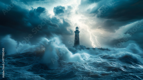 A powerful storm sweeping across the sea with massive waves crashing against a lighthouse and lightning splitting the sky above. photo