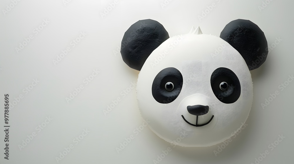 Fototapeta premium Smiling panda face on white minimalist background, perfect for children’s designs, branding, or marketing with copyspace for text
