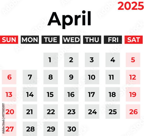 april 2025 Monthly Calendar design week starts from sunday