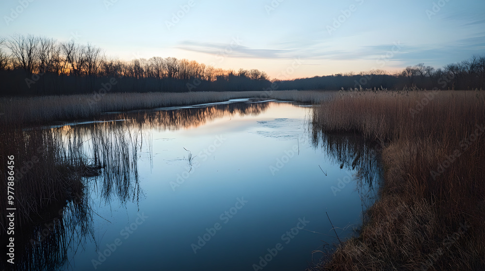 Fototapeta premium A quiet marsh at sunrise with still waters reflecting the sky and cattails lining the shore.