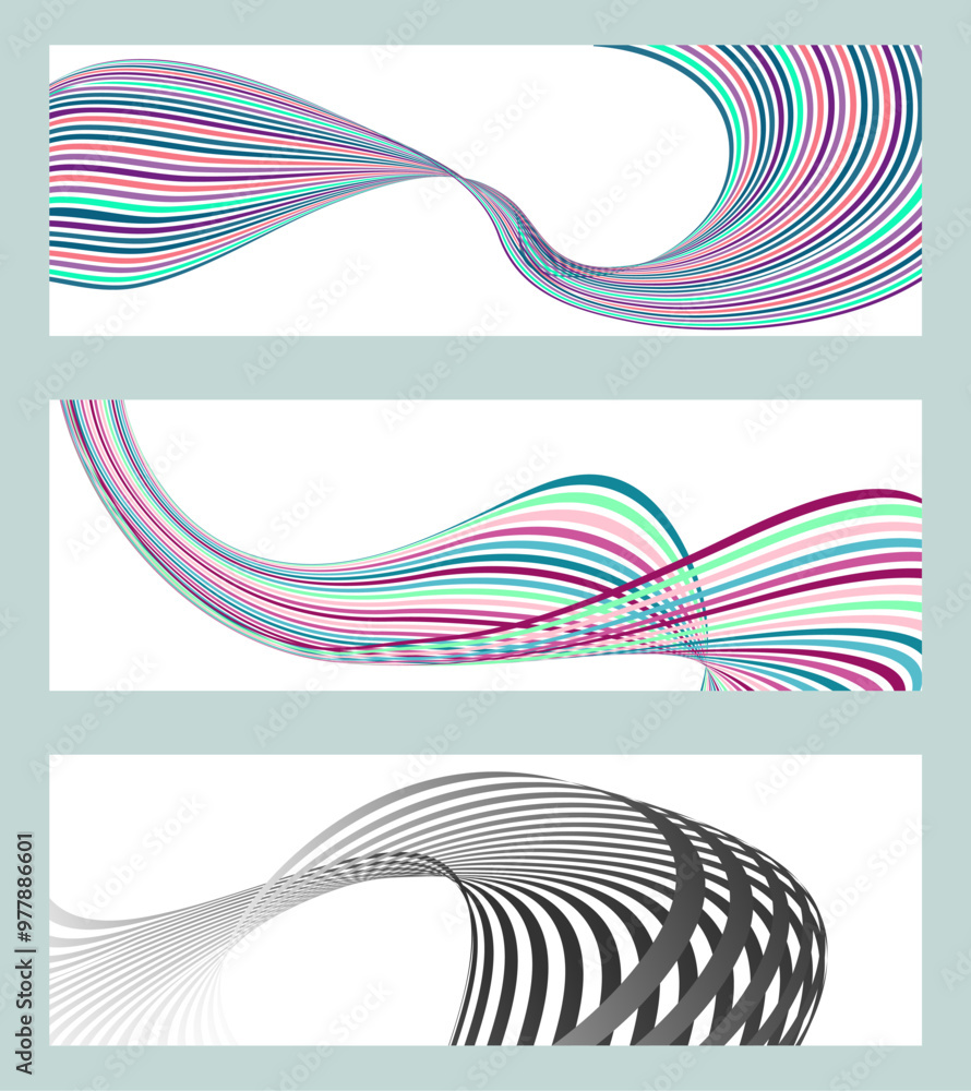 Wavy lines or ribbons. Set of 3 backgrounds. Multicolored striped gradient. Creative unusual background with abstract gradient wave lines to create a trendy banner, poster. vector eps Wavy lines or ribbons. Set of 3 backgrounds. Multicolored striped gradient. Creative unusual background with abstract gradient wave lines to create a trendy banner, poster. vector eps