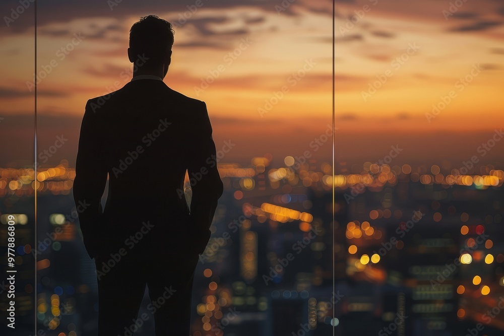 Business professional silhouetted against a vibrant sunset view over a city skyline Business professional silhouetted against a vibrant sunset view over a city skyline