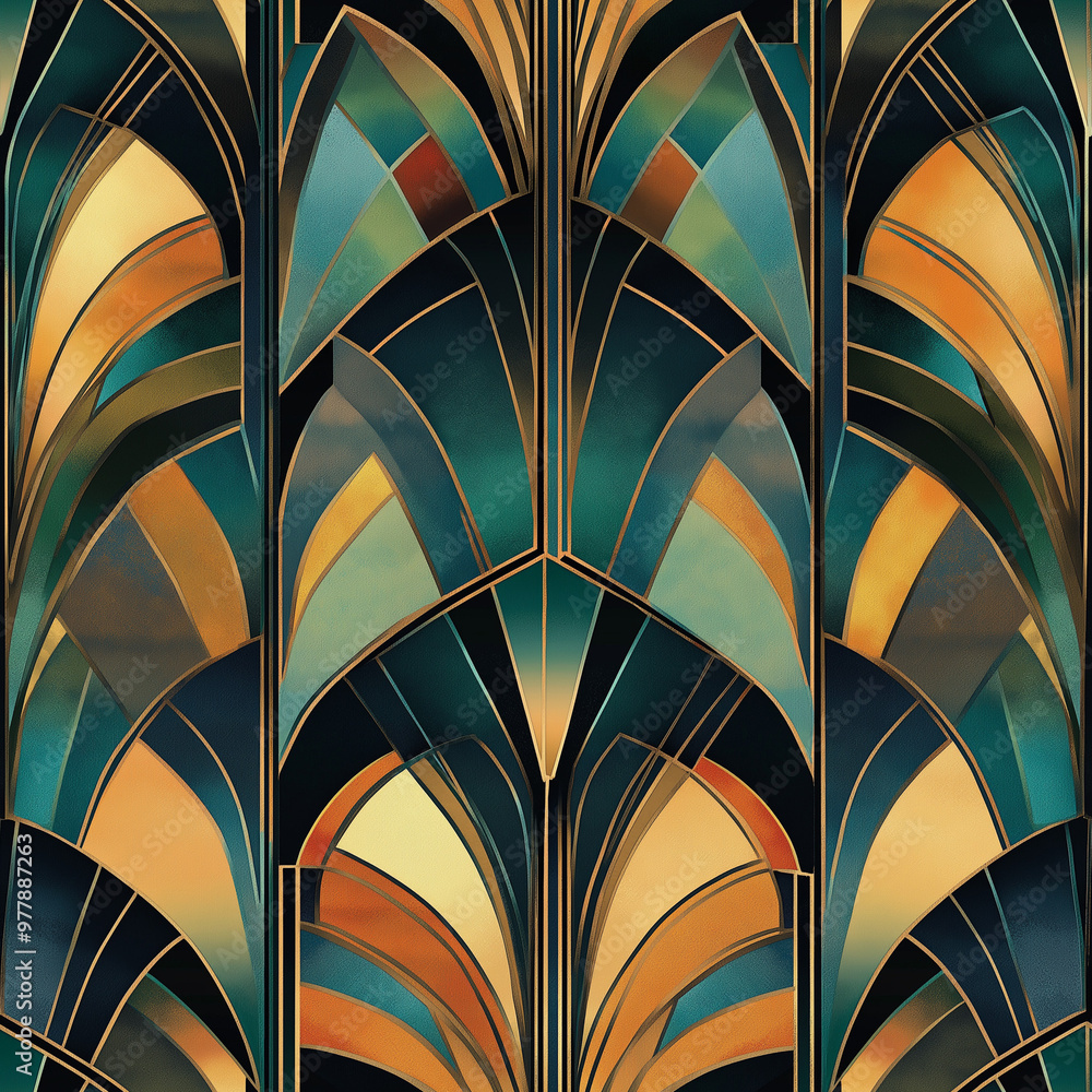 Art deco style teal green and gold, stylized geometric seamless pattern Art deco style teal green and gold, stylized geometric seamless pattern