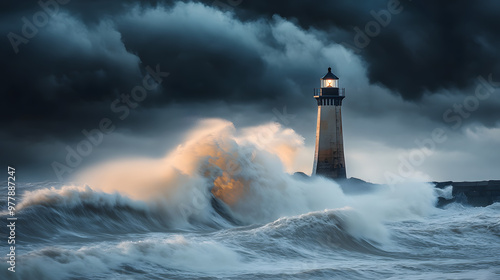 A remote lighthouse enduring a brutal storm with massive waves pounding its base and the sky darkened by swirling storm clouds. photo