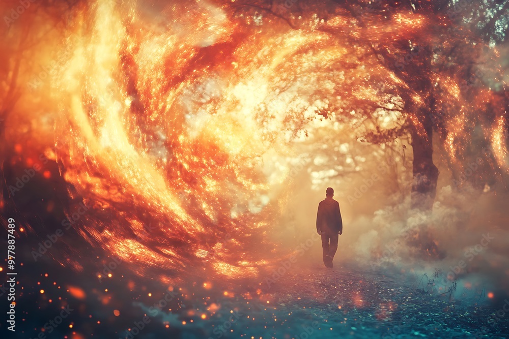 Mysterious man walking towards a fiery portal in a magical forest. Fantasy art concept Mysterious man walking towards a fiery portal in a magical forest. Fantasy art concept