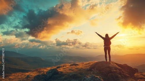 A woman stands on a mountaintop with her arms outstretched, silhouetted against a vibrant sunset.