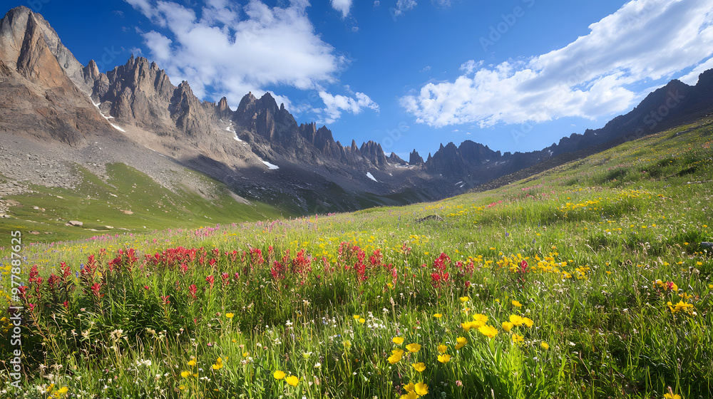 A remote mountain pass covered in wildflowers with jagged peaks in the background under a deep blue sky. A remote mountain pass covered in wildflowers with jagged peaks in the background under a deep blue sky.