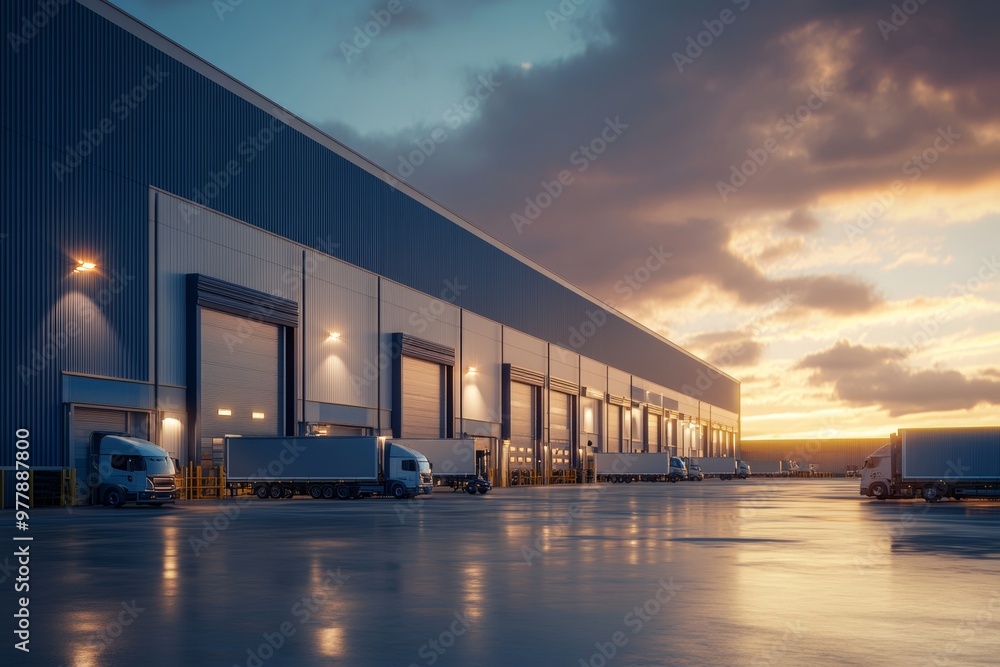 © Mikhail Vorobev - Stunning exterior of a modern warehouse featuring loading bays and a blue and white design at sunset © Mikhail Vorobev - Stunning exterior of a modern warehouse featuring loading bays and a blue and white design at sunset