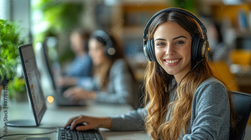a Call center worker with her team, engaged in customer support tasks and communication. a Call center worker with her team, engaged in customer support tasks and communication.