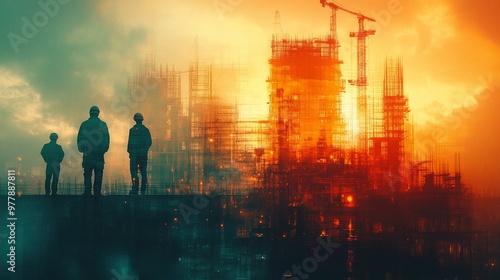 an Future building construction project concept with double exposure graphic design, showing engineers and modern equipment.