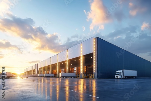 Stunning exterior of a modern warehouse featuring loading bays in blue and white at golden hour