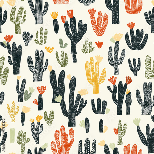 Doodle style cactus desert plants fauna - seamless pattern on white background