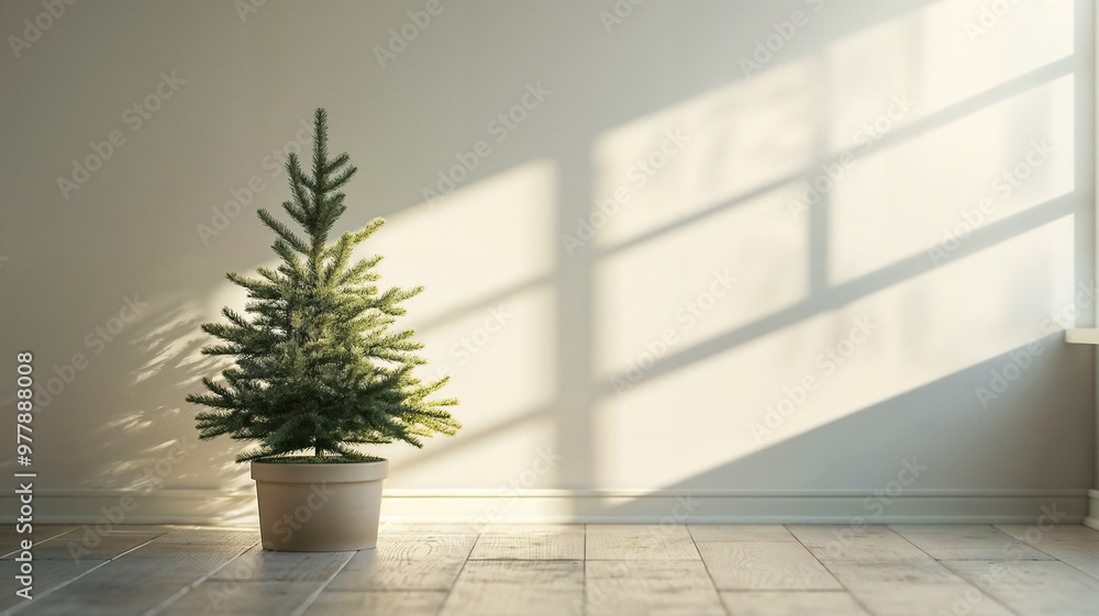 Small living alternative Christmas tree growing in a pot in a clean bright apartment in Scandinavian style Small living alternative Christmas tree growing in a pot in a clean bright apartment in Scandinavian style