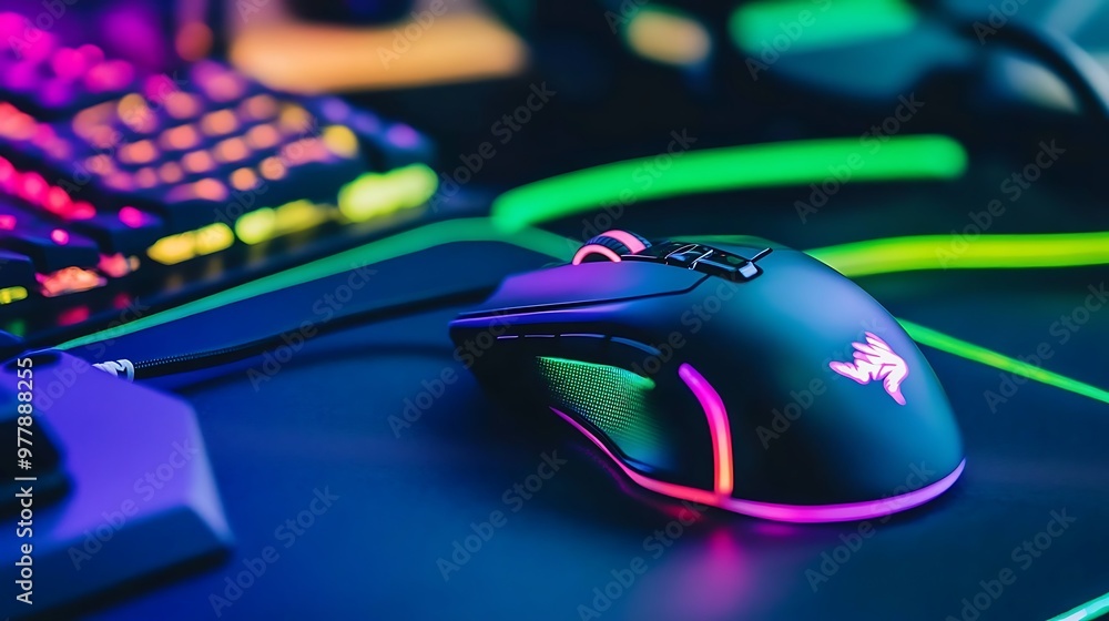 A high-end gaming mouse on a mouse pad with RGB lighting A high-end gaming mouse on a mouse pad with RGB lighting