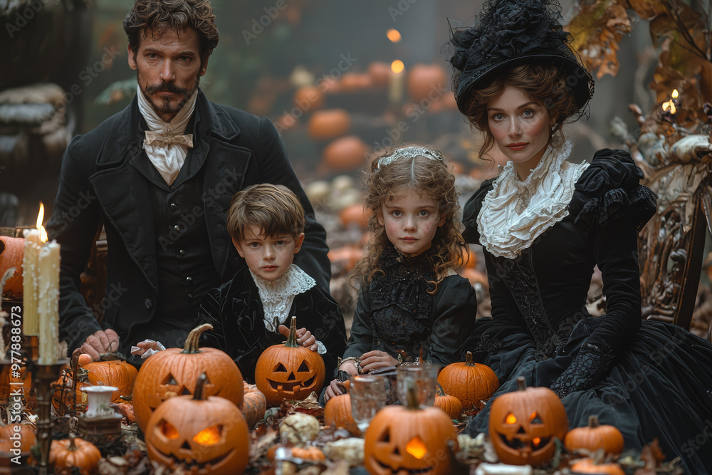 A Victorian family hosting a Halloween party with apple bobbing, ghost stories, and candlelit jack-o'-lanterns. Concept of Halloween in Victorian England. A Victorian family hosting a Halloween party with apple bobbing, ghost stories, and candlelit jack-o'-lanterns. Concept of Halloween in Victorian England.