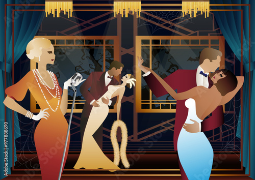Retro Halloween party flyer. Retro couple of dancers, man and woman and singer, characters in 30s-40s style. Day of the Dead concept