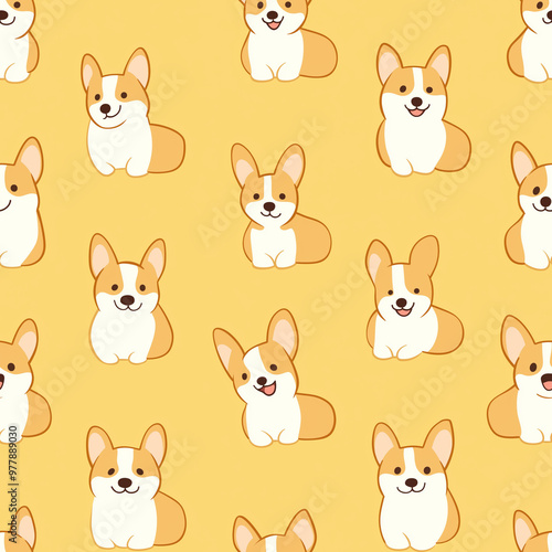 Corgi dogs seamless pattern - cartoon flat design style. Yellow background