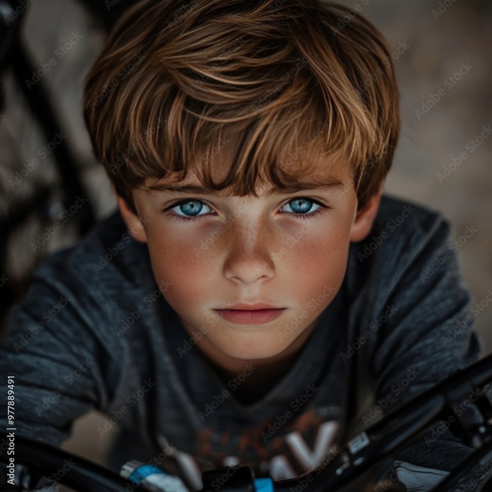 a young boy with blue eyes is looking at the camera