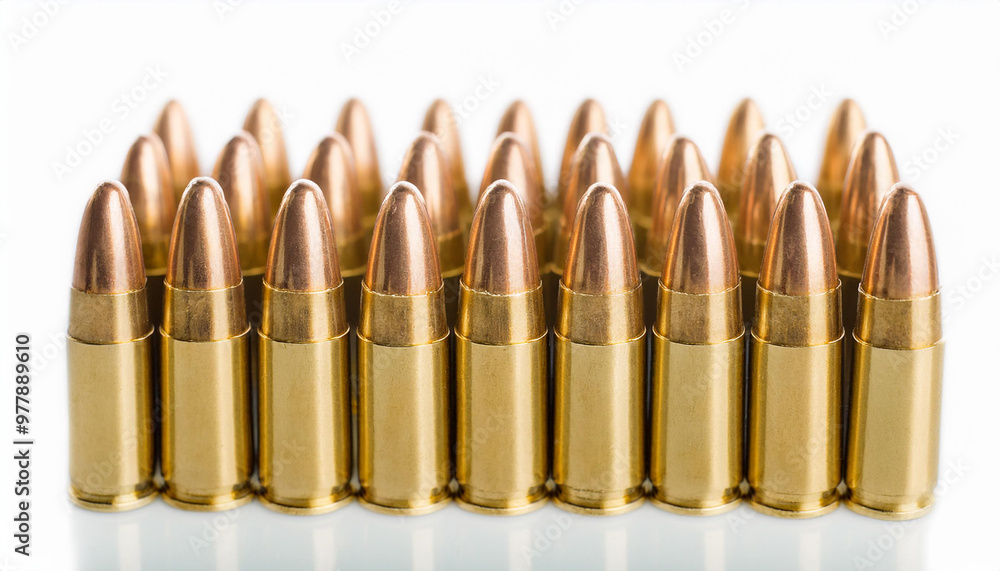 Pistol bullets standing in row. White backdrop. Shooting and firearms concept.