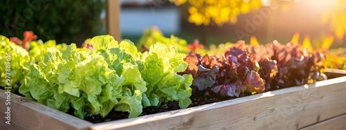 Wallpaper Mural A raised garden bed filled with vibrant green and red leafy vegetables, illuminated by the warm glow of sunlight Torontodigital.ca
