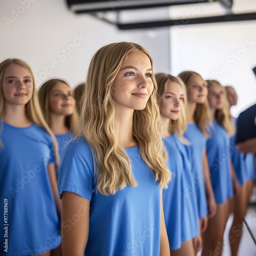 a group of young women standing in a line