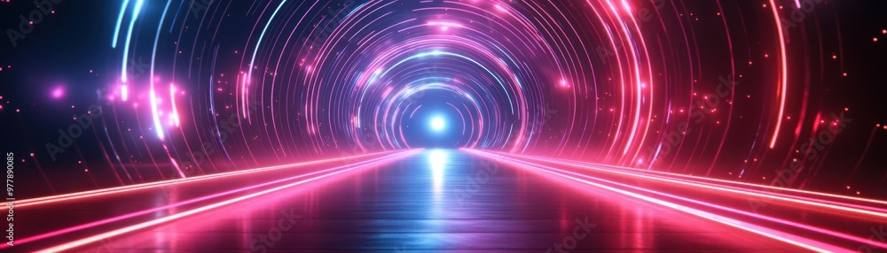 A futuristic tunnel with vibrant pink and blue neon lights creating a sense of motion and depth, ideal for technology, sci-fi themes, digital innovation, or modern advertising,