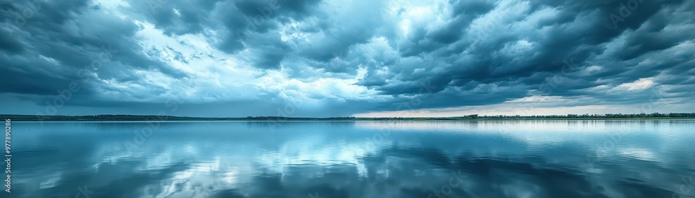 Panoramic view of a tranquil lake with dramatic clouds reflecting on the water, ideal for backgrounds, nature-themed projects, and calming visual displays, Panoramic view of a tranquil lake with dramatic clouds reflecting on the water, ideal for backgrounds, nature-themed projects, and calming visual displays,