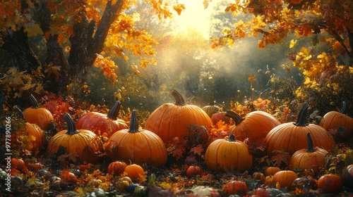an Background featuring various pumpkins in a harvest setting, capturing the essence of autumn and Halloween.