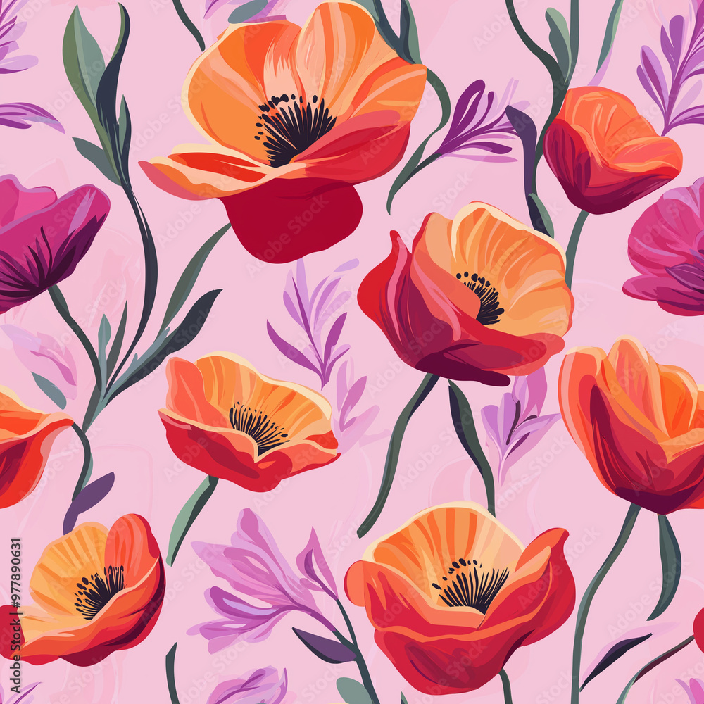 Fototapeta premium Artistic style orange poppy seamless pattern, lively print with light purple background