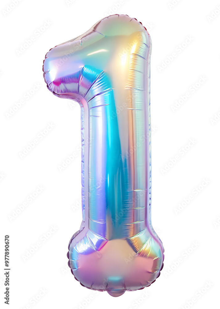 neon holografic foil balloon for birthday in the shape of the number 1 , isolated on the white background